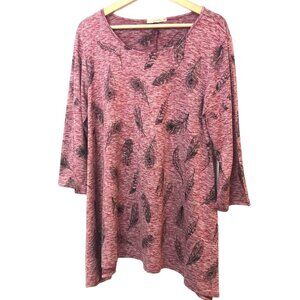 Coco’s Clozet Burgandy / Black Feather Print Tunic Top Size XL Stretch